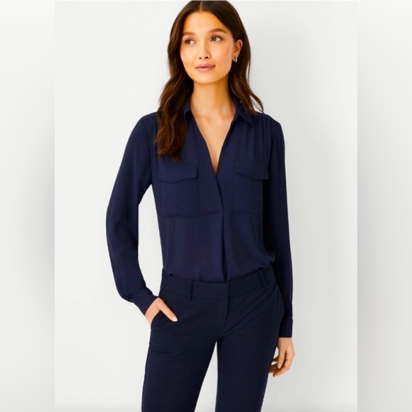 Classic Ann Taylor Camp Shirt in Midnight Sky Navy (Sm) - Picture 1 of 6